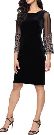 Alex Evenings Embellished Sheer Sleeve Stretch Velvet Sheath Dress in Black at Nordstrom, Size 16
