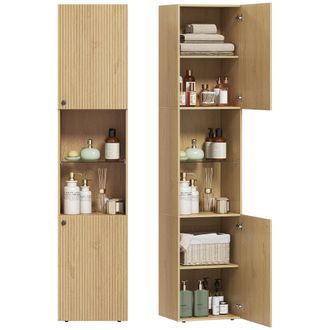OEM Armario De Ba&ntilde;o Alto De 6 Niveles Con 2 Puertas Estante De Vidrio Templado Estantes Ajustables 40x31x182 Cm Roble