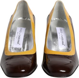 Dolce & Gabbana Yellow Brown Leather Block Heel Pumps Womens Shoes (Pre-Owned)