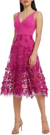 Dress The Population Darleen V-Neck Embroidered Mesh Cocktail Dress in Bright Fuchsia at Nordstrom, Size X-Small