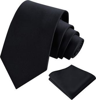 Alizeal Mens 8cm Solid Color Necktie and Hanky Classic Business Formal Tie with Pocket Square Set, Black