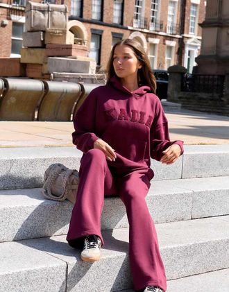 KAIIA Felpa oversize in misto cotone bordeaux con cappuccio e logo in rilievo in coordinato-Rosso