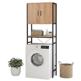 Relaxdays Relaxdays Armario Sobre Lavadora: Estantes, Puertas Para Lavadora, Secadora Y Inodoro 170x64,5x27 Cm Natural/negro