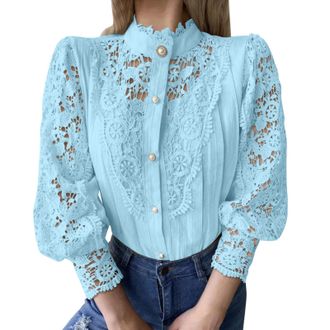 Generic Women Tops Elegant Lace Shirts Solid Color Stand Collar Dressy Casual Blouse Button Down Tunic Shirts Fall Long Sleeve Tops Business Work Blouses Fash