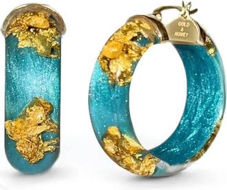 Gold & Honey Womens Mini Lucite Hoop Earrings In Teal Gold Leaf