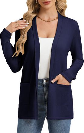 Grace Karin Women Lightweight Cardigans Summer Elegant Lapel Solid Color Open Front Long Sleeves Knitwear 2XL Navy Blue