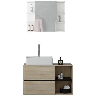 ML Design Ml-design Juego De Muebles De Ba&ntilde;o De 2 Piezas, Mueble Bajo Colgado Para Lavabo Marr&oacute;n-negro Y Armario Blanco De Pared Con Espejo, Espacio Multifuncio