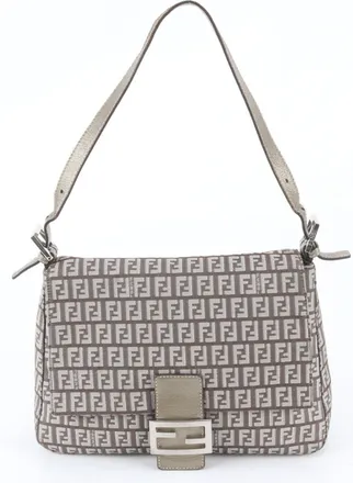 Fendi Anna Beige Silver Leather Canvas Handbag Shoulder Bag Tote Bag (Pre-Owned)