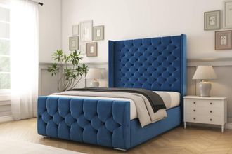 Comfort Beds Monte Carlo Plush Bed Frame - 50 Upholstered Wingback Headboard in Navy | Size: Single