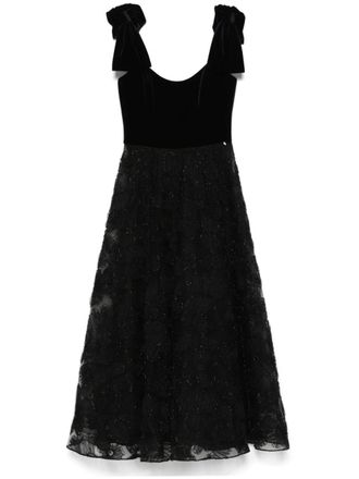 Nissa floral-appliqu&eacute; midi dress - Black