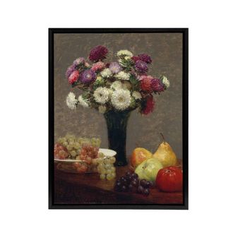 Artery8 Asters & Fruit on a Table Latour Black Framed Canvas Wall Art Print | Size: W24 x H32