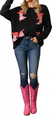 She + Sky Womens Pullover Cowboy Boots Print Sweater In Black