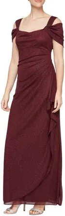 Alex Evenings Cold Shoulder Ruffle Glitter Chiffon Gown in Fig at Nordstrom Rack, Size 14