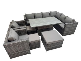 Fimous 11 Seater Rattan Corner Sofa Sets with 2 Chairs 3 Stool in Dark Grey