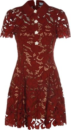 Self Portrait Burgundy Puff-Sleeve Lace Mini Dress