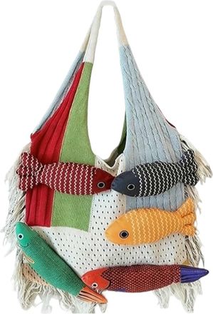 Generic 3D Fish Knitted Tote Bag,Cute Cartoon Fish Patchwork Shoulder Bags,Large Capacity Bohemian Hobo Handbag for Travel Vacation (E)