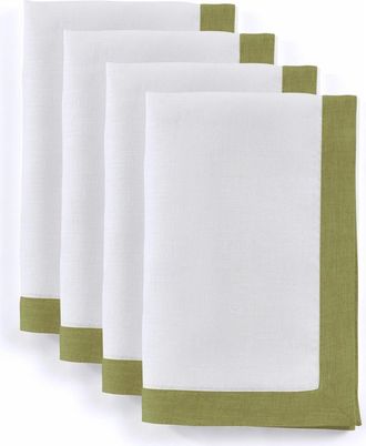Solino Home Linen Dinner Napkins Set of 4, 20 x 20 Inch for Dining Table, Holiday and Everyday Table Decor - Classic in Avocado And White at