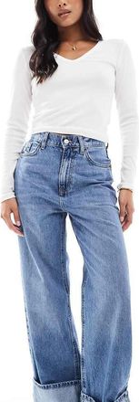 Only Petite Hope high waist cuffed wide leg jeans in mid blue