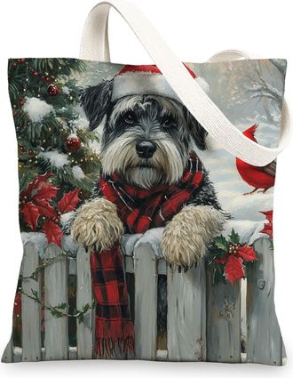 Generic Christmas Schnauzer Dog Canvas Tote Bag for Shopping 13x15, Xmas Farmhouse Cardinal Puppy Reusable Grocery Print Bag for Women, Holiday Pet Beach Aest