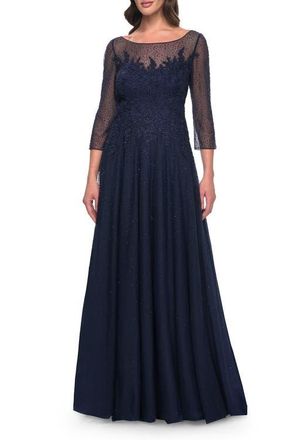 La Femme Rhinestone Embellished A-Line Tulle and Lace Evening Dress in Navy at Nordstrom, Size 10