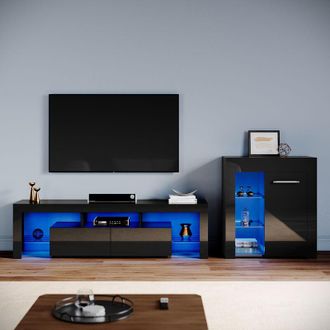 Elegant Lighting Living Room Set Modern High Gloss Fronts with led Light, 1600mm tv Stand, Display Cabinet with Glass Shelf Sideboard Cupboard, Black - Elegant