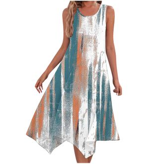 Generic Bohemian Beach Dresses for Women UK Elegant Summer Boho Sun Dresses Flowy Vintage Floral Print Sundress Holiday Casual Loose Swing Midi Dresses Round 