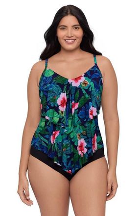 Trimshaper Ronnie 2 Tier Ruffle Tankini Swimsuit Top in Jungle Oasis at Nordstrom, Size 22W