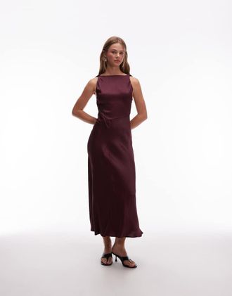 & Other Stories Vestito midi in raso e crêpe bordeaux vino con scollo drappeggiato-Rosso