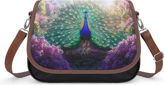 Generic Peacock Displaying Vibrant Feathers Crossbody Bag Womens Handbag PU Message Bags Shoulder Purse with Adjustable Strap