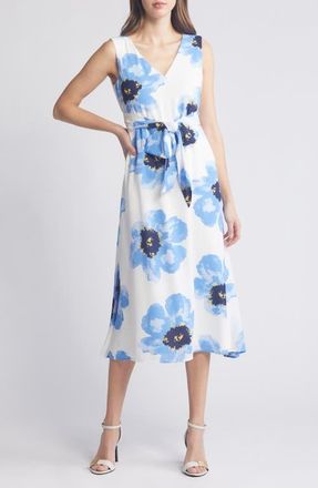 Anne Klein Floral Tie Belt Midi Dress in Bright White/Shore Blue at Nordstrom, Size Medium