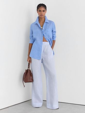 Reiss Silver Blue Linen Ladder-embroidery Wide-leg Trousers, 10R