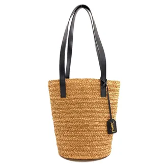 Saint Laurent Black Brown Raffia Leather Tote Bag (Pre-Owned)