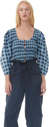 Ganni Blue Checkered Cotton Silk Blouse - Size 0