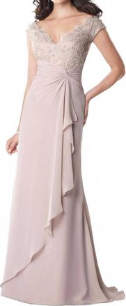 Mon Cheri Lace Cap Sleeve Ruched Empire Gown In Oyster