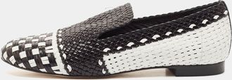Stuart Weitzman Black/white Woven Leather Riviera Smoking Slippers