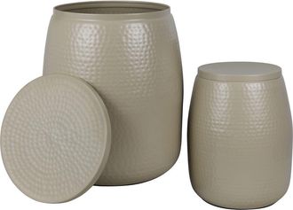 Happimess Merida Modern Rustic 2-Piece Hammered Metal Drum Storage Side Tables with Lids in Almond at Nordstrom