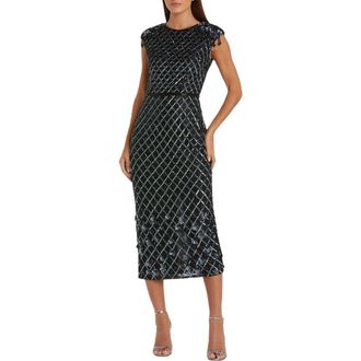 Mac Duggal Fringe Detailed High Neck Cap Sleeve Midi Dress in Black at Nordstrom, Size 12