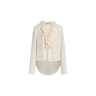 Alberta Ferretti Fluid Blouse with Sculptural Ruffled Collar - female - Alberta Ferretti - Blouses - Beige - XS - Blouses & Shirts