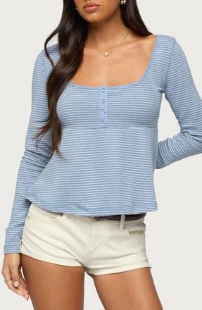 Edikted Sare Stripe Knit Babydoll Top in Light-Blue at Nordstrom, Size X-Large