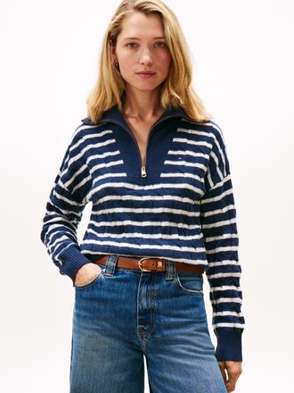 Tommy Hilfiger Troyer TOMMY HILFIGER SOFT WOOL CABLE 1/2 ZIP LS SWT, Damen, Gr. XXL (44), schwarz night navy, ivory petal stp, Strick, Obermaterial: 100% Wolle, gest