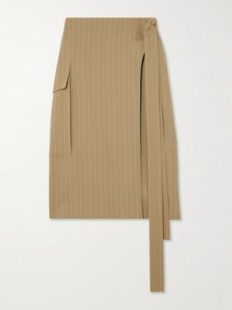 Victoria Beckham Gonna Midi A Portafoglio Gessata In Twill Di Lana Con Laccetti - Neutri