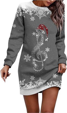 Generic Christmas Dresses for Women Oversized Christmas Dress Long Sleeve Jumper Crew Neck Xmas Graphic Print Sweatshirt Winter Casual Midi Dress Party Costum