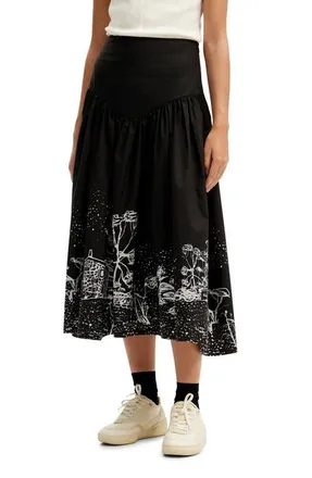 Desigual Landscape Poplin Midi Skirt in Black at Nordstrom, Size Medium