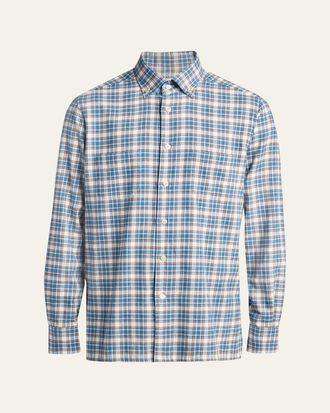 Kiton Mens Double-Pocket Cotton Plaid Button-Down Shirt