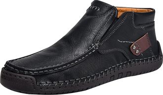 Generic Mens Handmade Leather Slip-On Shoes High Top Flat Moccasins Soft Sole Comfortable Loafers Non-Slip Breathable Casual Footwear for Outdoor Driving and 