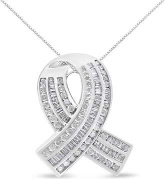 House of Brilliance 14K White Gold 2 5/8 Cttw Channel Set Round and Baguette Diamond Awareness Ribbon Pendant