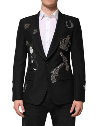 Dolce & Gabbana Mens Black Bee Crown Embellished Suit Coat Blazer