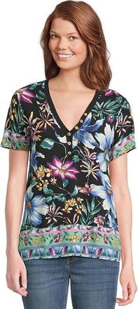 Johnny Was The Janie Favorite Short Sleeve Henley T-Shirts Womens Clothing Jumuno Black : 2XL, Rayon/Spandex