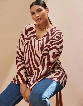 Live Unlimited London Womens Chocolate Brown Animal Print Split Sleeve Detail Blouse - Cream - Size: 20