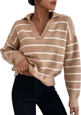 Generic Knitted Jumpers Sweaters for Women Oversized Tops Women Striped Pullover Sweater V Neck Casual Loose Color Block Lightweight Long Sleeve Knitted Fall 